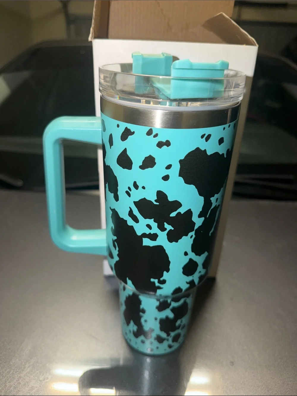 Aqua Black Cowprint Travel Mug with Handle